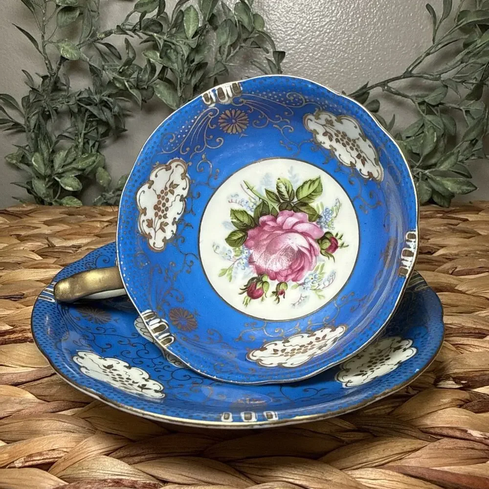 Vintage Hand Painted Japan Cobalt Blue Gold Gilt Tea Cup Saucer Rose Floral